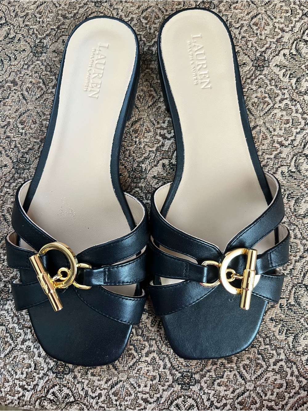 Lauren Ralph Lauren Black Leather Slide Sandals with Gold Buckle Accent